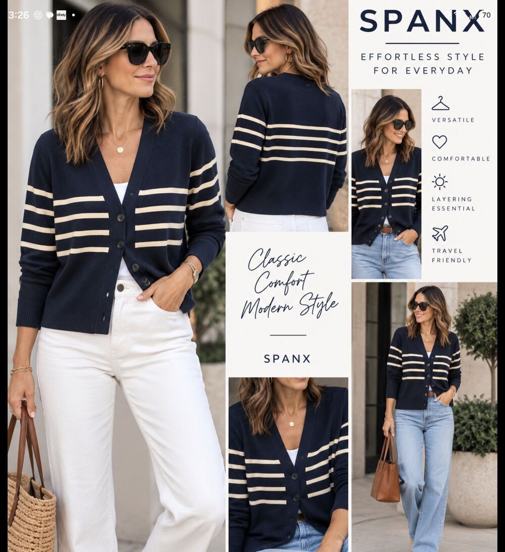 SPANX AirEssentials Cardigan Stripe Navy Comfy preppy athleisure sz L Sweater